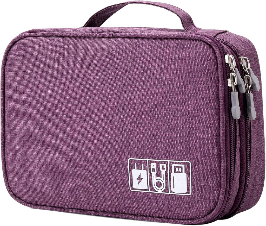 MIRLEWAIY Travel Electronics Organizer Soft Case Small Electronic Accessories Carrying Bag Double-Layer for Cords Phone Chargers Cables Earbuds Adapter Mouse, Purple