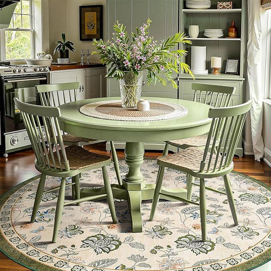 jinchan 8ft Floral Round Rug for Dining Room Washable Living Room Rug Vintage Romance Design Non Slip Indoor Floor Cover Lightweight Low-Profile Throw Carpet for Bedroom Porch Patio, Green/Beige-BubblyBeeBaby