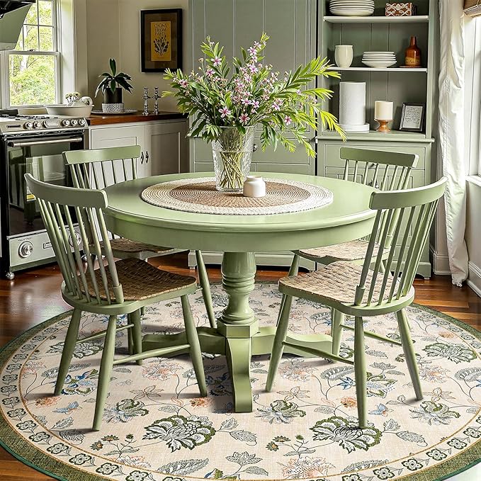 jinchan 7ft Floral Round Rug for Dining Room Washable Living Room Rug Vintage Romance Design Non Slip Indoor Floor Cover Lightweight Low-Profile Throw Carpet for Bedroom Porch Patio, Green/Beige-BubblyBeeBaby