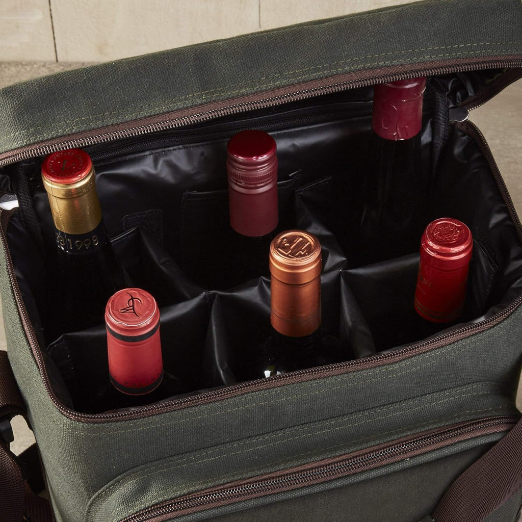 Wine Enthusiast 6-Bottle Waxed Canvas Wine Bag Tote Insulated Wine Carrier Cooler Travel & Picnics Holds Tall Bottles Includes Ice Pack Chilling Reusable Tote Bag for Wine Gifts & Outdoor Gatherings