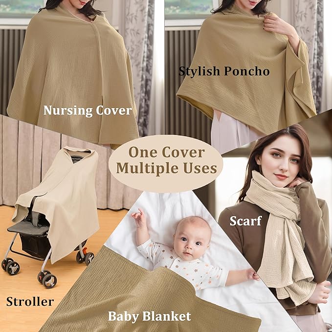 2-Pack Nursing Covers for Breastfeeding, 100% Organic Cotton Muslin Breastfeeding Cover, Multi-Use Nursing Scarf, Car Seat Canopy, Stroller Cover, Soft Breathable Baby Blanket Khaki Brown-BubblyBeeBaby