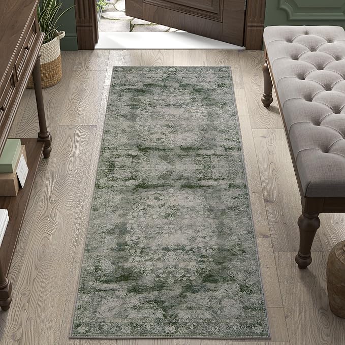 jinchan Green Runner Rug 2x5 - Machine Washable Vintage Floral Distressed Design Non-Slip Low-Pile Soft Thin Carpet for Hallway Kitchen Farmhouse Bedroom Entryway Laundry (2x5ft,Forest Green)-BubblyBeeBaby