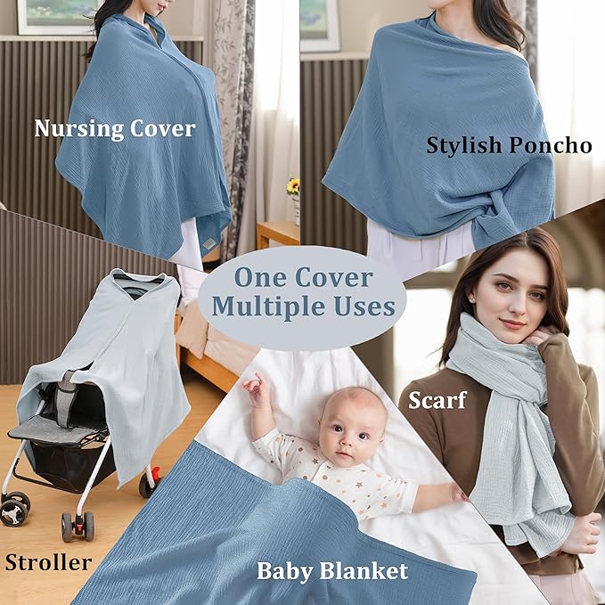 2-Pack Nursing Covers for Breastfeeding, 100% Organic Cotton Muslin Breastfeeding Cover, Multi-Use Nursing Scarf, Car Seat Canopy, Stroller Cover, Soft Breathable Baby Blanket Grey-BubblyBeeBaby