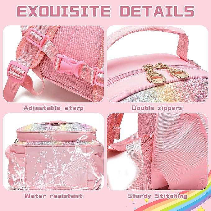I IHAYNER Kids Glitter Lightweight Backpack for School Travel & Daycare, Toddler Backpack for Girls 3+ Preschool Kindergarten Elementary Kids Backpack-Rainbow Pink J-BubblyBeeBaby