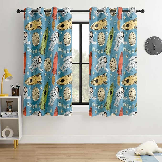 Kids Astronaut and Rocket Blackout Curtains - 100% Blackout, Thermal Insulated, Noise Reducing, Bring The Cosmos Closer to Your Kid’s Room, 2 Panels (Moonbound Adventure, W52×L63)-BubblyBeeBaby