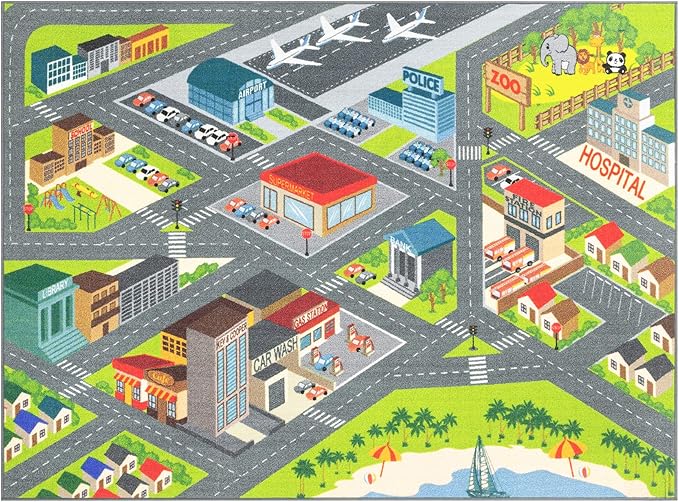 KC Cubs 3x5 City Streets Car Road Rug – Educational Non-Slip Play Mat for Kids, Toddlers, Nursery, Classroom, Playroom, Baby Daycare, Boy Girl Carpet-BubblyBeeBaby