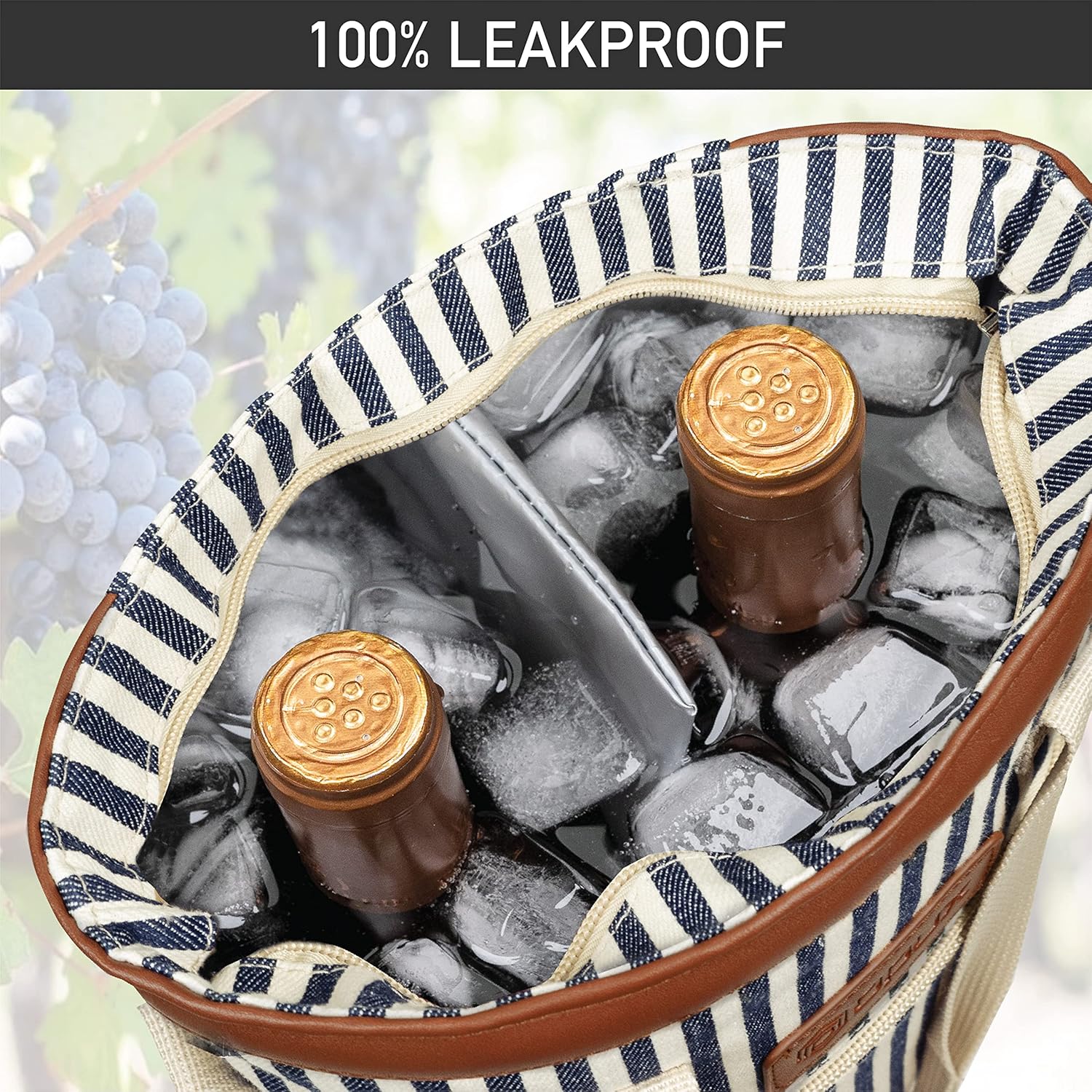 opux Two Bottle Wine Bag Carrier Tote, Insulated Leakproof 2 Bottle Wine Cooler Bag for Travel BYOB Picnic, Portable Wine Case, Gift for Men Women Wine Lover Birthday Party Christmas, Navy Stripes