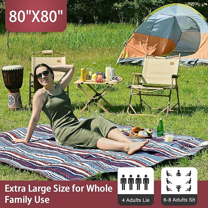 HX&OD Outdoor Picnic Blanket Extra Large, 80''*80'' Waterproof Picnic Mat with Stakes Foldable Camping Blanket Portable with Carry Strap for Beach Mat (Red, 80''*80'')-BubblyBeeBaby