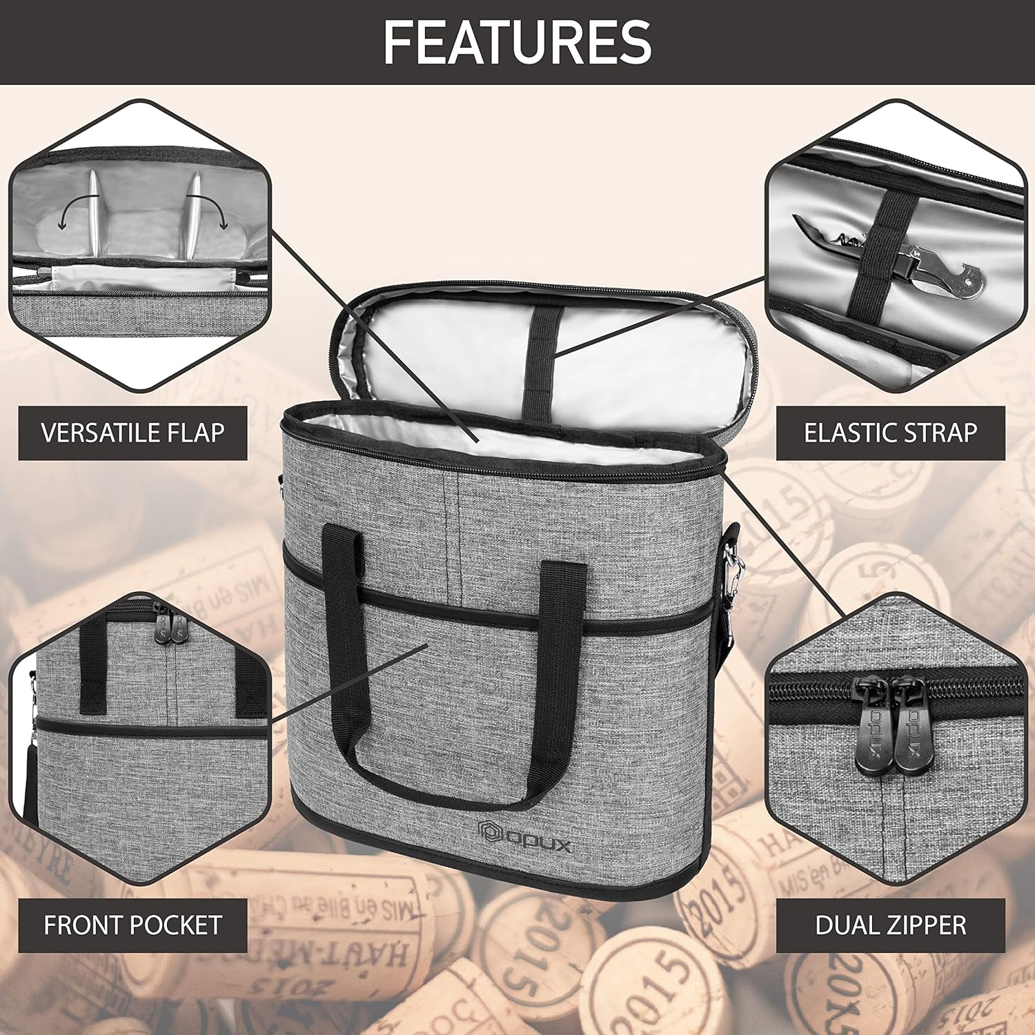 OPUX 3 Bottle Insulated Leakproof Wine Cooler Bag, Portable Wine Bottle Carrying Case - Grey