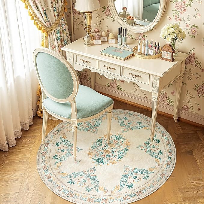 jinchan Round Rug 4ft Area Rugs Vintage Floral Distressed Design,Machine Washable Soft Non-Slip Low-Pile Ultra-Thin Circle Rug for Entryway Bedside Living Room Kitchen Nursery (4' Round,Apricot Multi)-BubblyBeeBaby