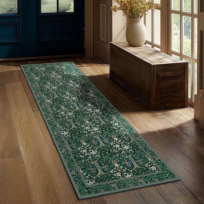 Joydeco Washable Runner Rug Non Slip, Floral Kitchen Carpet Runner 2x6, Soft Low-Pile Botanical Forest Indoor Floor Door Mat for Hallway Bathroom Entryway Laundry Room, Dark Green-BubblyBeeBaby