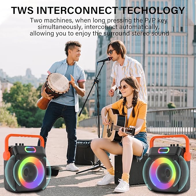 Karaoke Machine with 2 Wireless Microphones, Karaoke Machine for Adults & Kids, Portable Bluetooth Karaoke Speaker with Bass/Treble Adjustment, PA System, LED Lights, Supports TWS/USB/TF/REC/FM/AUX-BubblyBeeBaby