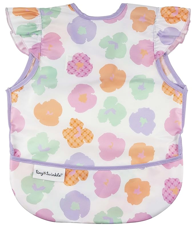Tiny Twinkle Mess Proof Baby Bib - Waterproof & Lightweight Baby-Led Weaning Apron | 100% Recycled Polyester, Easy Clean & Machine Washable (Floral Pop, Small 6-24 Months)-BubblyBeeBaby