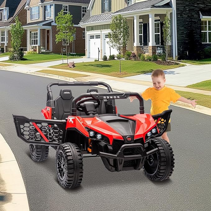 24V 2 Seater Ride On Car Truck, Power Wheels Kids UTV w/Parent Remote Control, 3.1 MPH Max Speed, Music Player, LED Lights & Storage, Electric Vehicle Ride On Toy for Kids Toddler Ages 3-8, Red-BubblyBeeBaby