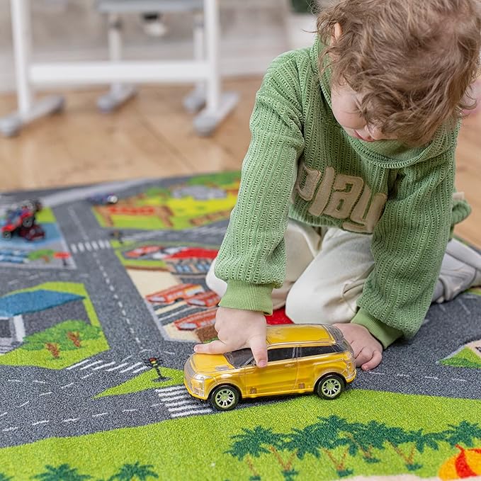 KC Cubs 8x10 City Streets Car Road Rug – Educational Non-Slip Play Mat for Kids, Toddlers, Nursery, Classroom, Playroom, Baby Daycare, Boy Girl Carpet-BubblyBeeBaby