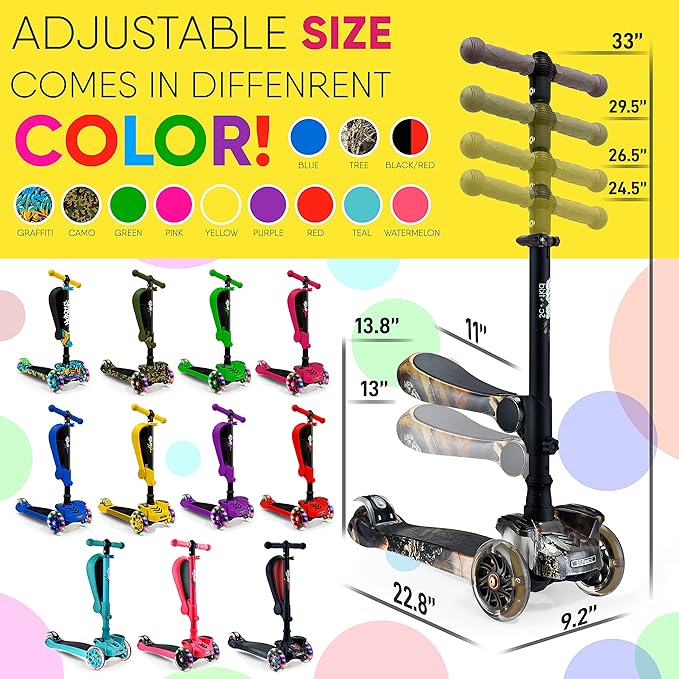 Hurtle 3-Wheeled Scooter for Kids - Wheel LED Lights, Adjustable Lean-to-Steer Handlebar, and Foldable Seat - Sit or Stand Ride with Brake for Boys and Girls Ages 1-14 Years Old-BubblyBeeBaby