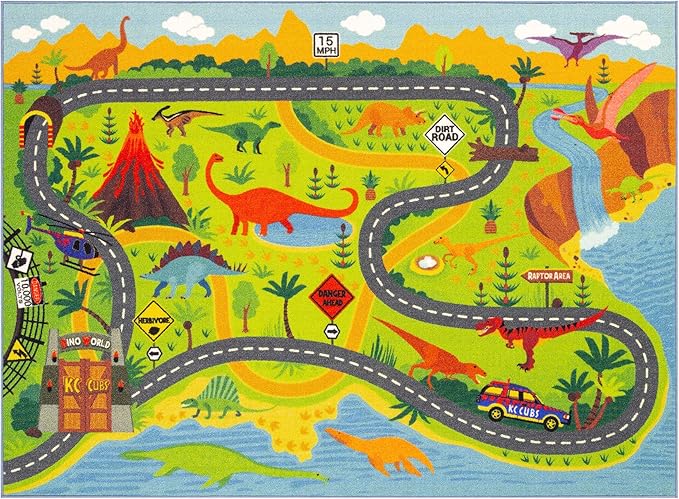 KC Cubs 3x5 Dinosaur Toy Car Dino Road Rug – Educational Play Mat Carpet for Kids, Toddlers, Nursery, Classroom, Playroom, Baby Daycare, Boys & Girls-BubblyBeeBaby