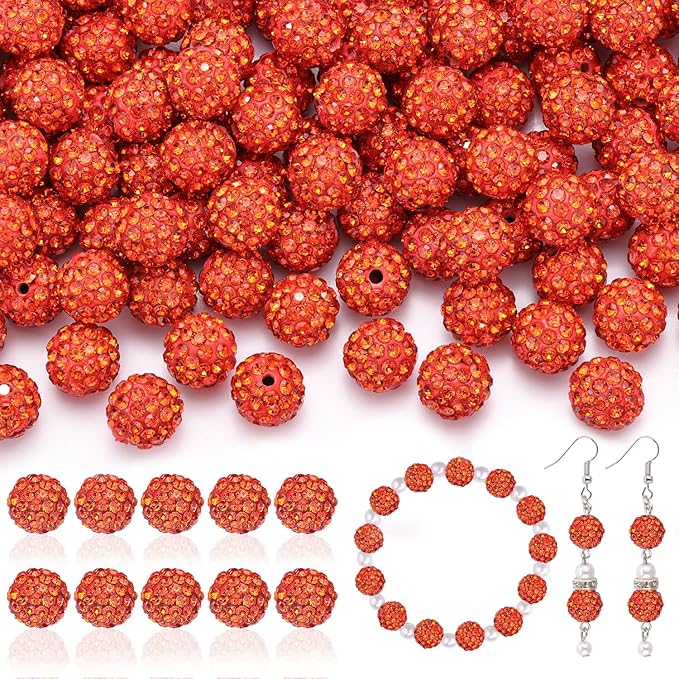 105pcs 10mm Rhinestone Beads for Jewelry Making, Orange Shiny Round Disco Ball Beads Bulk, Sparkle Crystal Clay Christmas for Bracelet Baseball Necklace Earring Crafting and DIY-BubblyBeeBaby