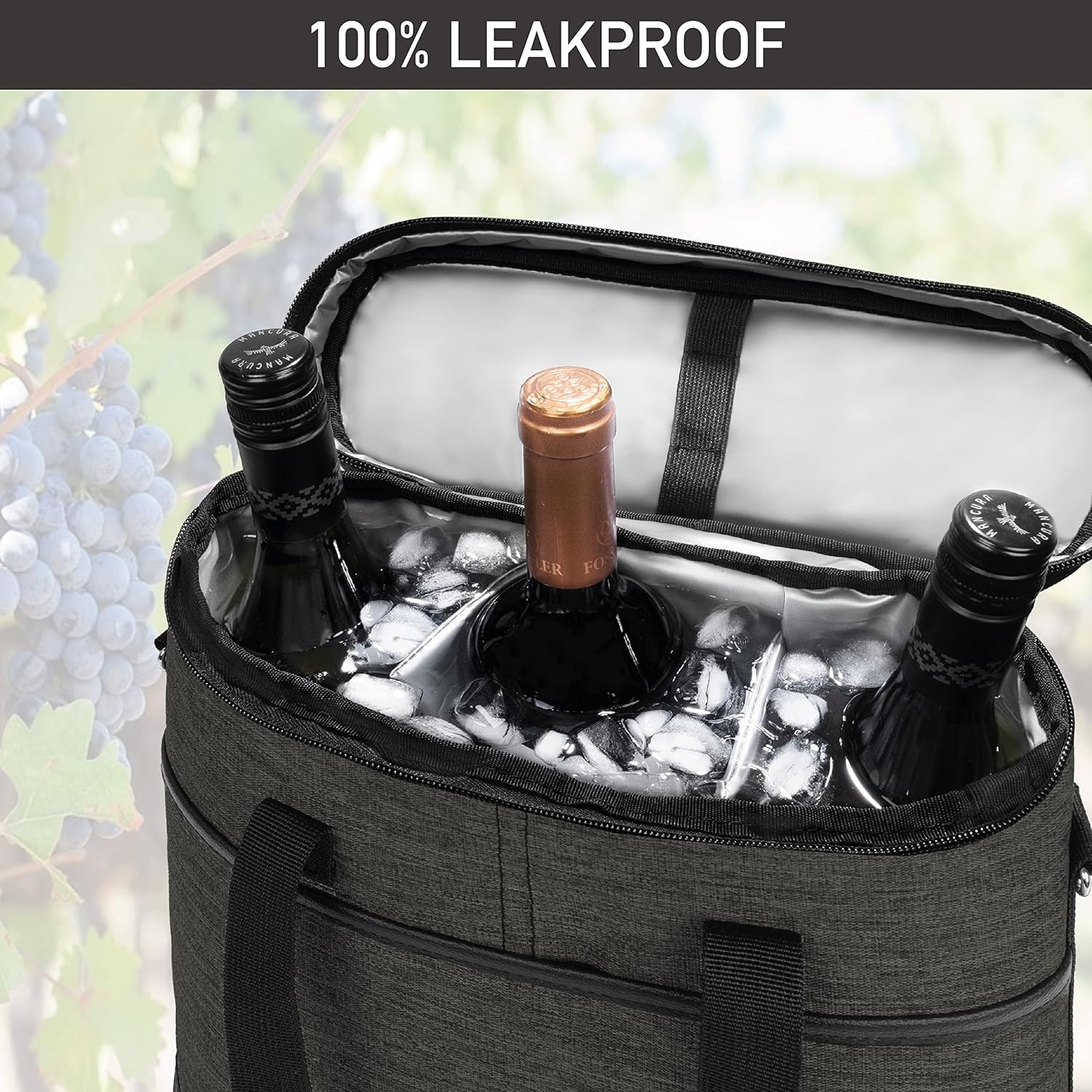 opux 3 Bottle Wine Carrier Tote, Insulated Leakproof Wine Cooler Bag, Wine Travel Bag for Picnic BYOB Beach, Portable Wine Bottle Carrying Case, Gift for Wine Lover Women Men Christmas, Charcoal Grey