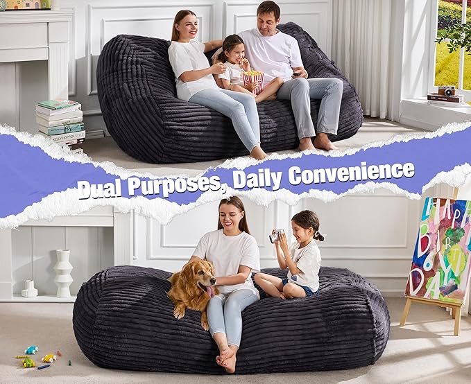 Hobestluk 6FT Bean Bag Chairs Adult Bean Bag with Portable Handle Comfy Large Bean Bag Lounge Chair with Removable Cover for Living Room Bedroom (Stripe Dark Grey, 6FT)-BubblyBeeBaby