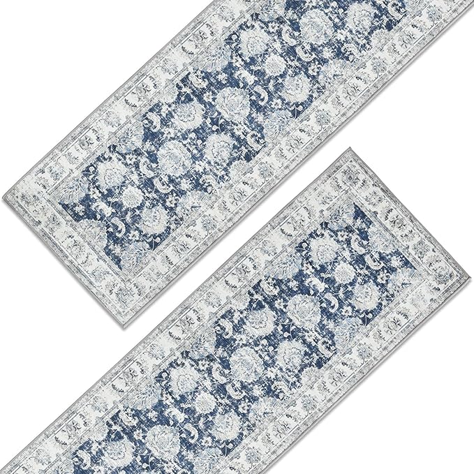 jinchan Runner Rug 3x8-2pcs Kitchen Washable Vintage Hallway Rug Floral Print Floor Cover Indoor Thin Retro Mat Accent for Bathroom Laundry Room Bedroom Office Farmhouse (Double,Dark Blue)-BubblyBeeBaby