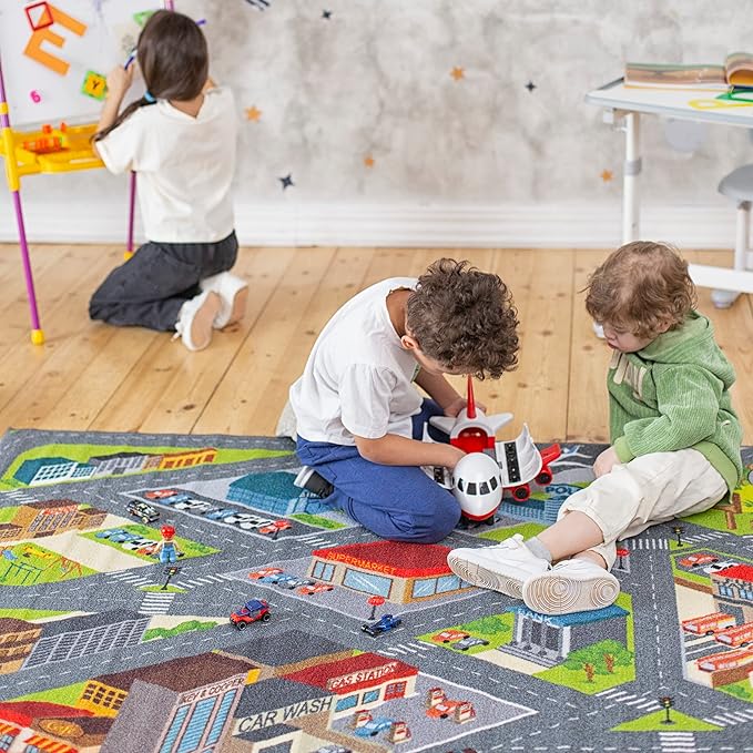 KC Cubs 8x10 City Streets Car Road Rug – Educational Non-Slip Play Mat for Kids, Toddlers, Nursery, Classroom, Playroom, Baby Daycare, Boy Girl Carpet-BubblyBeeBaby