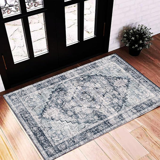 2'x3' Dark Blue Area Rug Washable Door Mat Vintage Distressed Doormat Indoor Entrance Traditional Thin Floral Print Non Slip Mats for Kitchen Bathroom Bedroom Living Room-BubblyBeeBaby