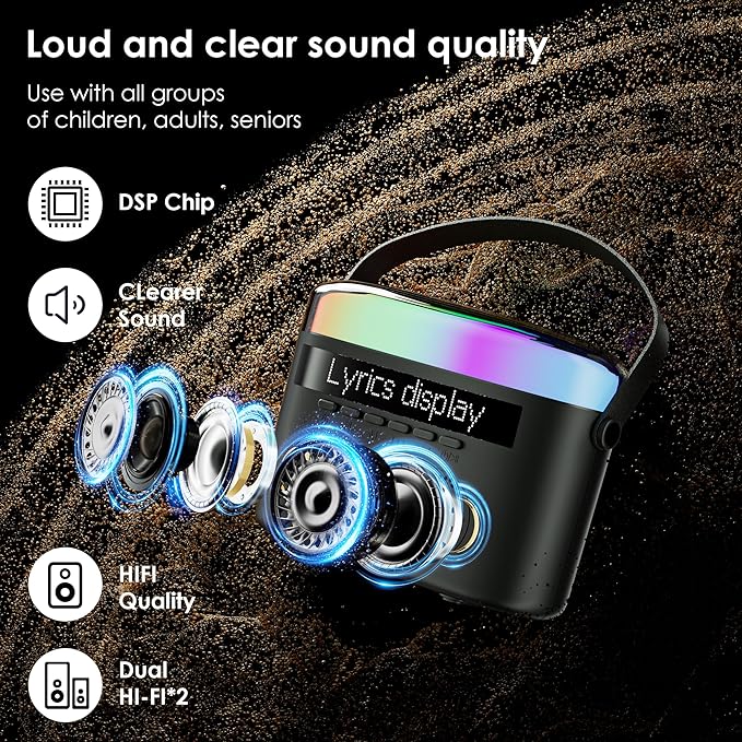 Karaoke Machine,Karaoke Machine with Lyrics Display,Portable Bluetooth 5.3 Karaoke Speaker with Upgraded Dual Speakers for Kids and Adults,with White Noise and Night Light Function (Black)-BubblyBeeBaby