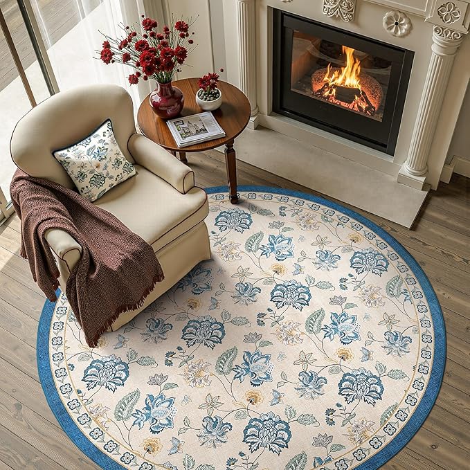 jinchan 5ft Floral Round Rug for Entryway Washable Kitchen Rug Vintage Romance Design Non Slip Indoor Doormat Lightweight Low-Profile Throw Carpet for Living Room Dining Room Bedroom, Blue/Beige-BubblyBeeBaby