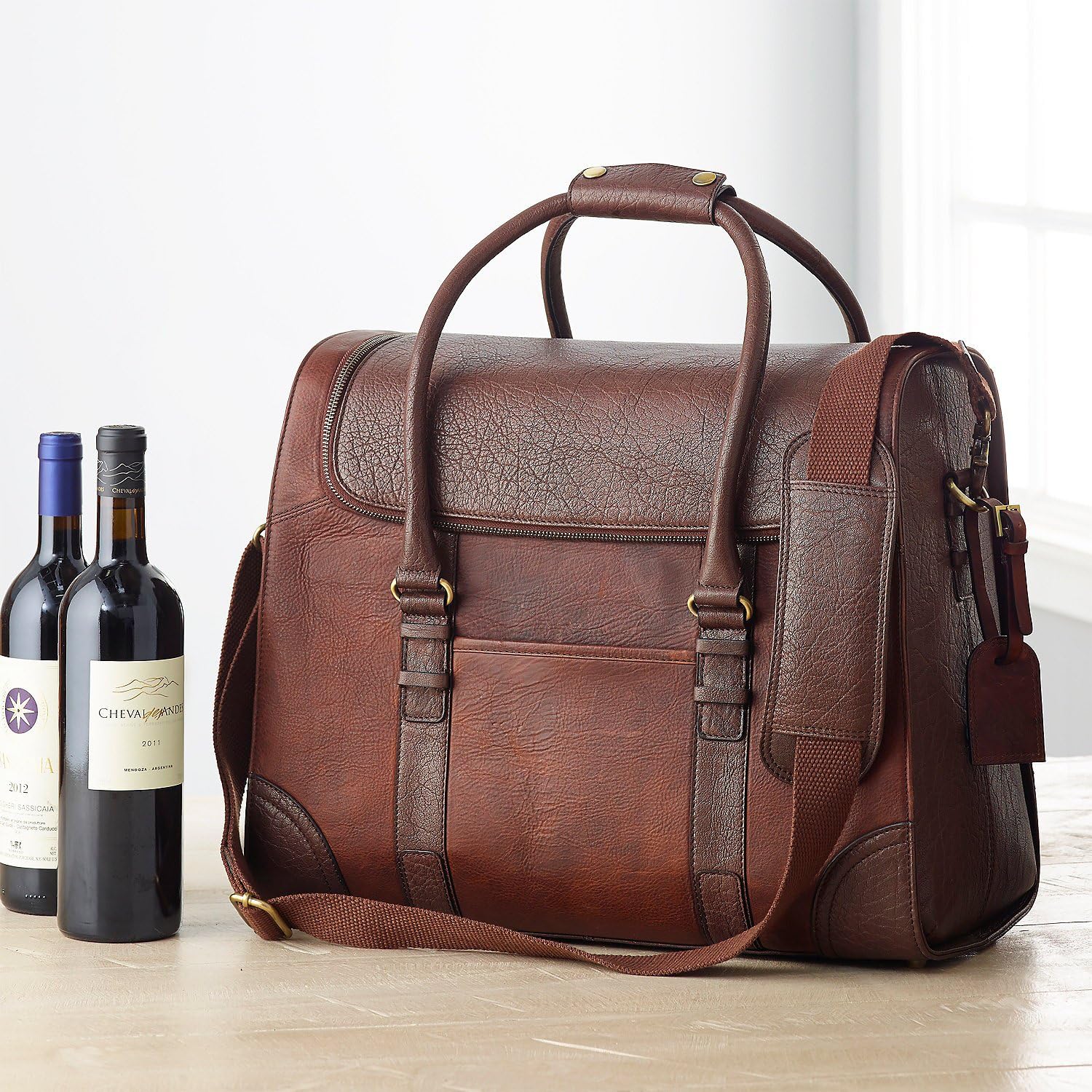 Wine Enthusiast 6-Bottle Leather Wine Tote Bag | Handcrafted Leather Wine Carrier with Dividers | Secure Buckle & Zipper Closure | Portable Wine Cooler Bag for Picnics, Travel & Parties | Wine Gifts