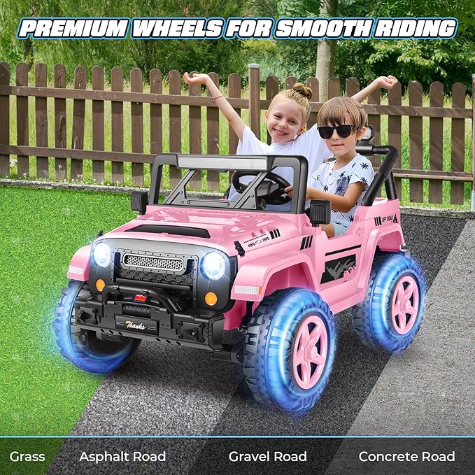 Hikole 24V Ride on Toys for Kids - 4WD/2WD Switchable 2 Seater Kids Electric Car with 4x200W Motors, Remote Control, 3 Speeds, LED Lights, MP3 Player, Safety Belt, Gift for Girls, Pink-BubblyBeeBaby