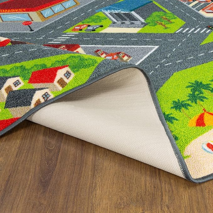 KC Cubs 5x7 City Streets Car Road Rug – Educational Non-Slip Play Mat for Kids, Toddlers, Nursery, Classroom, Playroom, Baby Daycare, Boy Girl Carpet-BubblyBeeBaby