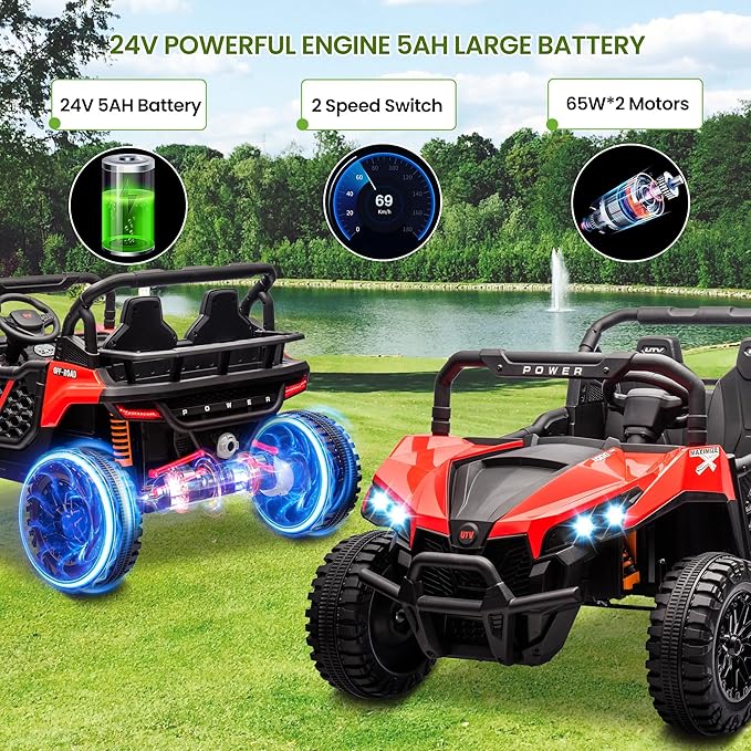 24V 2 Seater Ride On Car Truck, Power Wheels Kids UTV w/Parent Remote Control, 3.1 MPH Max Speed, Music Player, LED Lights & Storage, Electric Vehicle Ride On Toy for Kids Toddler Ages 3-8, Red-BubblyBeeBaby