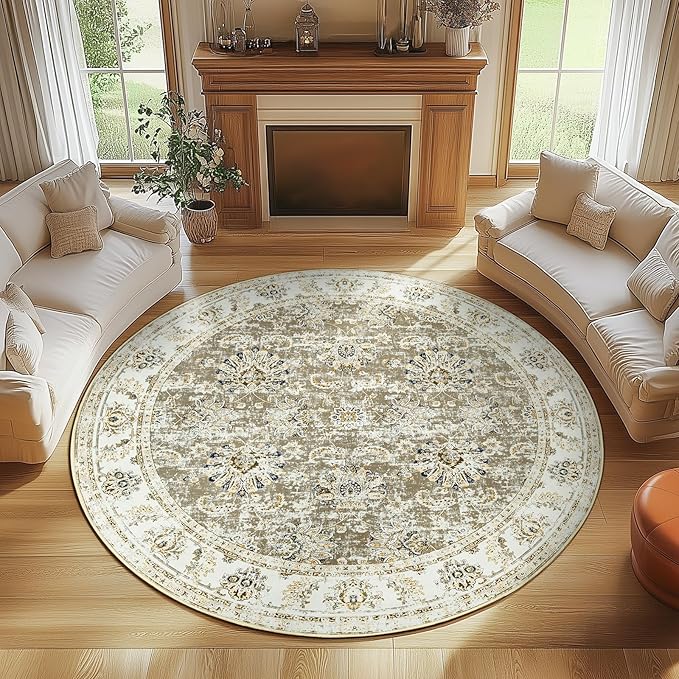 jinchan Round Rug 7ft Area Rugs - Vintage Floral Distressed Design Machine Washable Non-Slip Low-Pile Ultra-Thin Circle Rug for Living Room Dining Room Bedroom Home Office Farmhouse (7' Round,Taupe)-BubblyBeeBaby