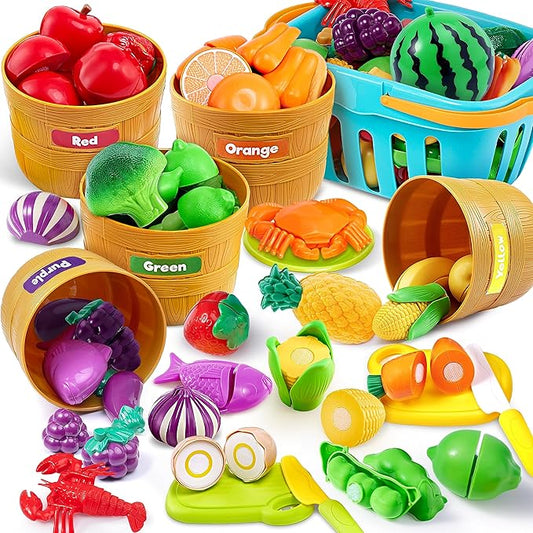 JOYIN Learning Toys Play Food Set for Toddlers, Cutting Food for Preschool Activities, Pretend Play Kitchen Accessories for Kids, Color Sorting Set for Boys & Girls, Daycare Educational Toy-BubblyBeeBaby