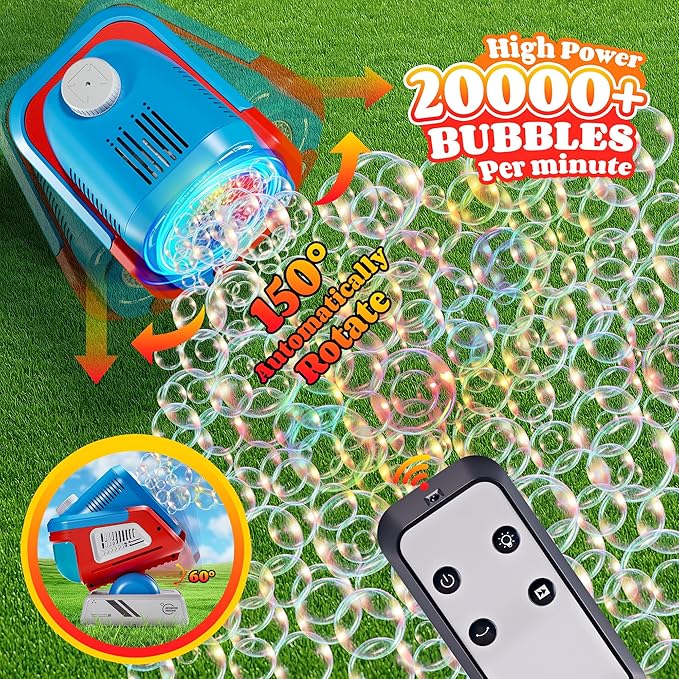 2025 Upgraded Bubble Machine with Remote Control, Automatic Rotation & RGB Lights, 1800mAh Rechargeable Battery, Type-C Charge, Bubble Maker for Kids, Weddings, Birthday Parties, Outdoor Activities-BubblyBeeBaby