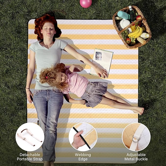 HX&OD Extra Large Picnic Outdoor Blanket, 80”x60” Waterproof Picnic Mat Foldable Camping Blanket Portable with Carry Strap for Beach Mat Outdoor Camping Party(Yellow)-BubblyBeeBaby