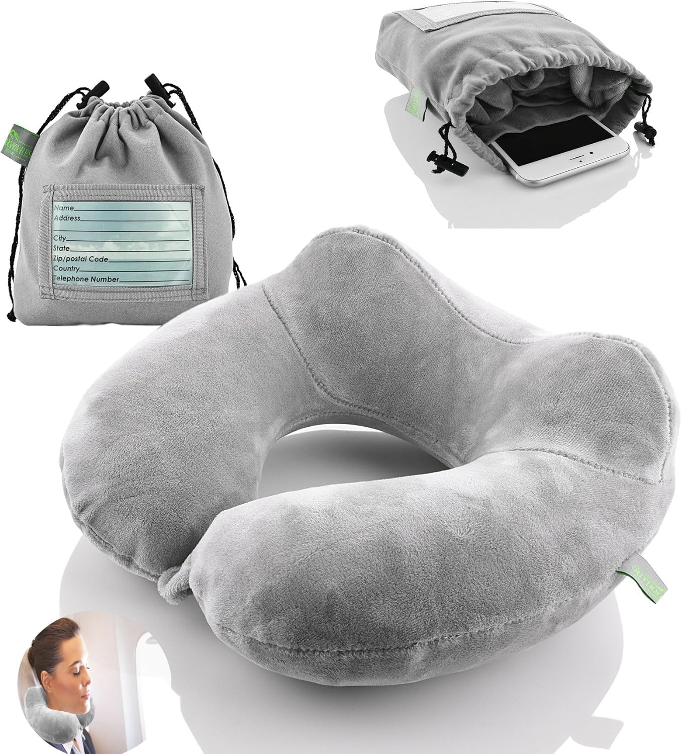 Inflatable Travel Neck Pillow: Extra-Soft, Cushion. for Airplanes, Trains, Cars, Portable Travel Accessory-with Carrying Pouch for Cell Phone and Passport Etc. (Grey 2 Pack)