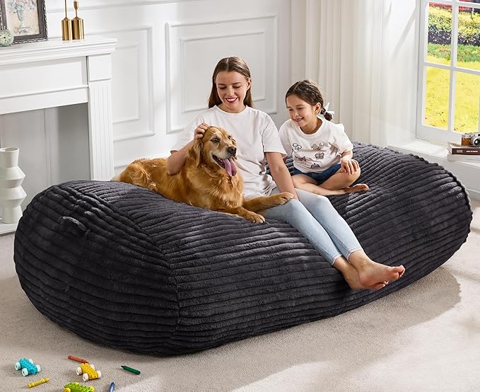 Hobestluk 6FT Bean Bag Chairs Adult Bean Bag with Portable Handle Comfy Large Bean Bag Lounge Chair with Removable Cover for Living Room Bedroom (Stripe Dark Grey, 6FT)-BubblyBeeBaby