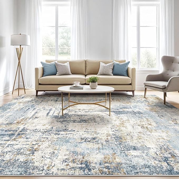 10x12 Area Rug Living Room: Washable Large Abstract Modern Soft Rugs Stain Resistant Indoor Floor Non Slip Accent Carpet for Bedroom Nursery Playroom Office Dining Room Dorm Home House- Light Blue-BubblyBeeBaby