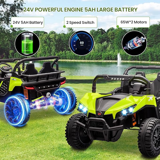 24V 2 Seater Ride On Car Truck, Power Wheels Kids UTV w/Parent Remote Control, 3.1 MPH Max Speed, Music Player, LED Lights & Storage, Electric Vehicle Ride On Toy for Kids Toddler Ages 3-8, Green-BubblyBeeBaby