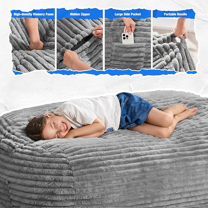 Hobestluk 3FT Bean Bag Chairs Adult Bean Bag with Portable Handle Comfy Large Bean Bag Chair with Removable Cover for Living Room Bedroom or Reading Nook (Stripe Grey, 3FT)-BubblyBeeBaby