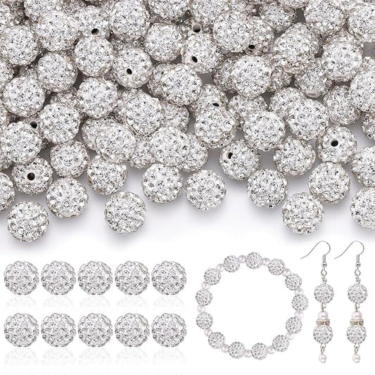 160pcs 10mm Rhinestone Beads for Jewelry Making, White Shiny Round Disco Ball Beads Bulk, Sparkle Crystal Clay Christmas for Bracelet Baseball Necklace Earring Crafting and DIY-BubblyBeeBaby
