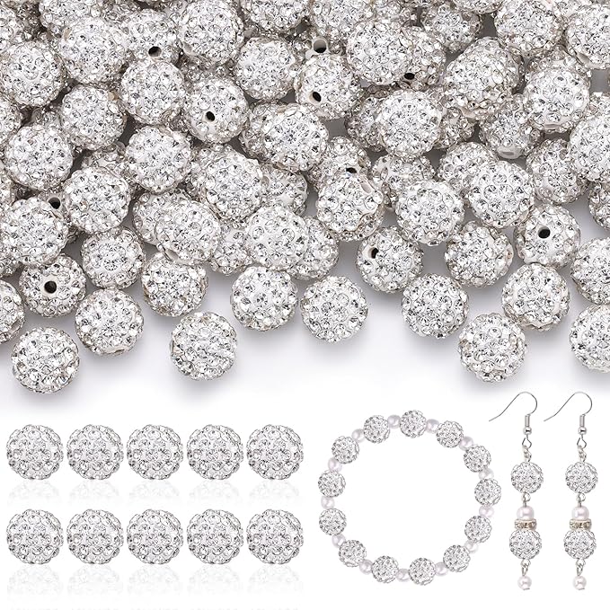 200pcs 10mm Rhinestone Beads for Jewelry Making, White Shiny Round Disco Ball Beads Bulk, Sparkle Crystal Clay Christmas for Bracelet Baseball Necklace Earring Crafting and DIY-BubblyBeeBaby