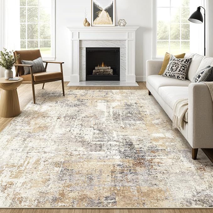 10x12 Area Rug Living Room: Washable Large Abstract Modern Soft Rugs Stain Resistant Indoor Floor Non Slip Accent Carpet for Bedroom Nursery Playroom Office Dining Room Dorm Home House- Gray Gold-BubblyBeeBaby