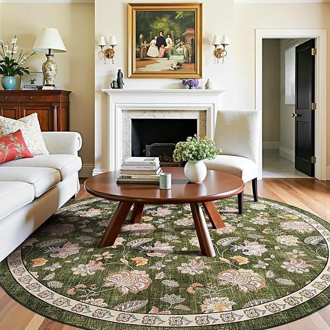 jinchan 8ft Floral Round Rug for Dining Room Washable Living Room Rug Vintage Romance Design Non Slip Indoor Floor Cover Lightweight Low-Profile Throw Carpet for Bedroom Porch Patio, Green-BubblyBeeBaby