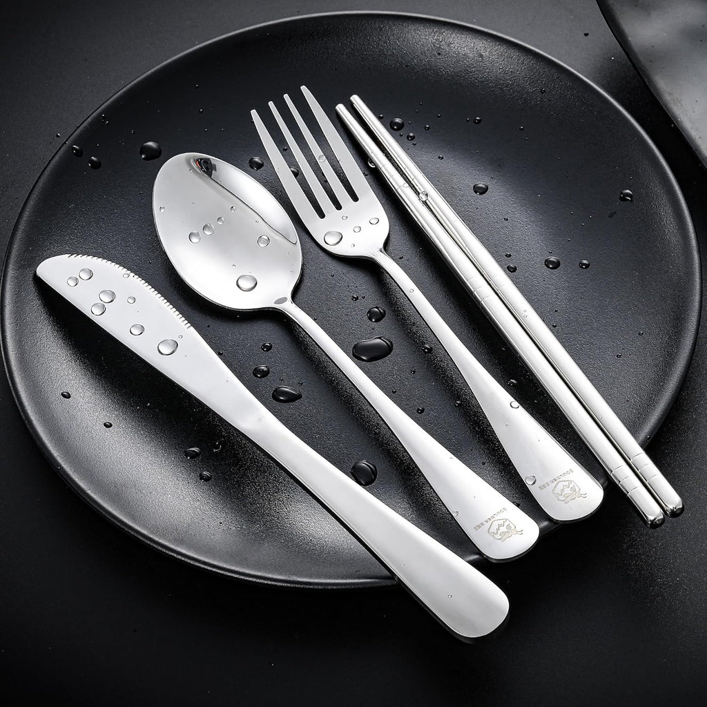 Boulder Bee Travel Utensils Set | Reusable Camping Cutlery Set | Stainless Steel Flatware Set | Portable Silverware Set with Case | Includes Knife/Fork/Spoon/Chopsticks/Cleaning Cloth/Case (Sliver)
