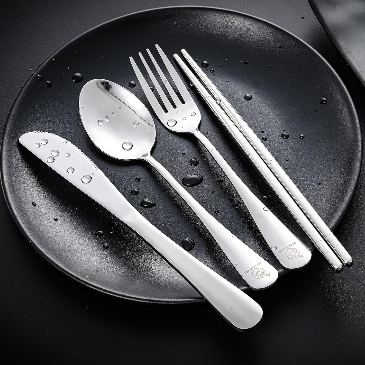 Boulder Bee Travel Utensils Set | Reusable Camping Cutlery Set | Stainless Steel Flatware Set | Portable Silverware Set with Case | Includes Knife/Fork/Spoon/Chopsticks/Cleaning Cloth/Case (Sliver)