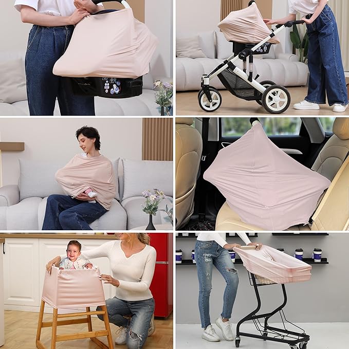 Breathable Car Seat Cover for Babies – Multi-Purpose Soft Rayon Nursing Cover for Breastfeeding, High Stretchy Infant Carseat Canopy, Stroller Cover (Smooth Rayon, Warm Natural)-BubblyBeeBaby