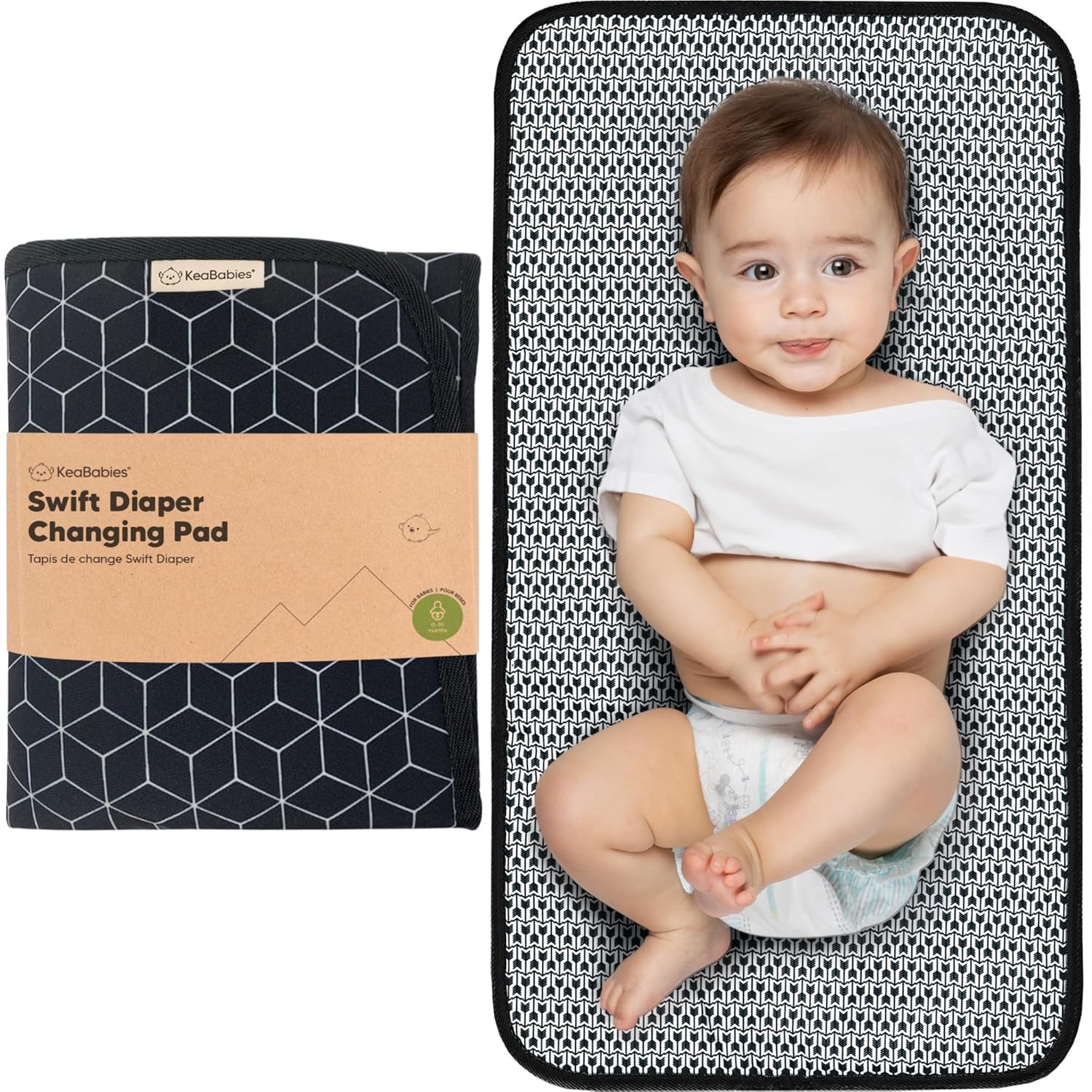 KeaBabies Portable Diaper Changing Pad, Easy Wipe Clean - Foldable Waterproof Baby Changing Mat for Diaper Bag, Compact, Lightweight, 25x13 Baby Changer Travel Essential, Machine Washable (Black Geo)